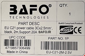  کابل برق ضخیم سروری ۳ در ۲.۵ ۲۰ آمپر C21 کابل POWER EU-C21 3X2.5 BAFO 20Aکابل برق سروری ۲۰ آمپر 