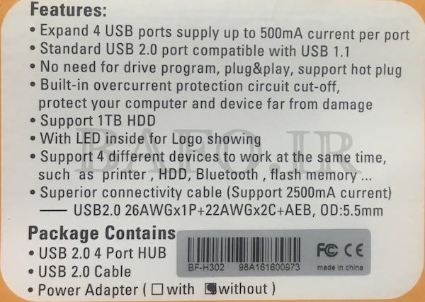 مشخصات hub ۴ پورت usb 2 بافو