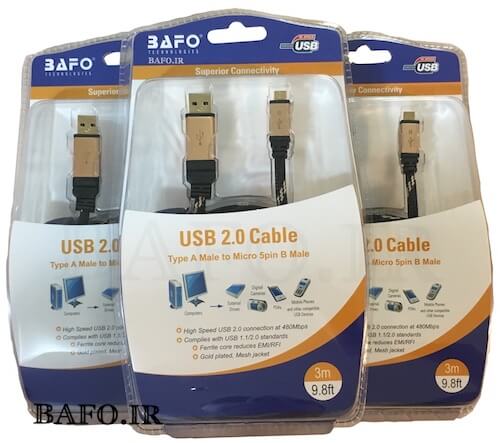 کابل میکرو یو اس بی ۳ متر بافو با روکش کنفی usb micro gold metal blister 3m bafo